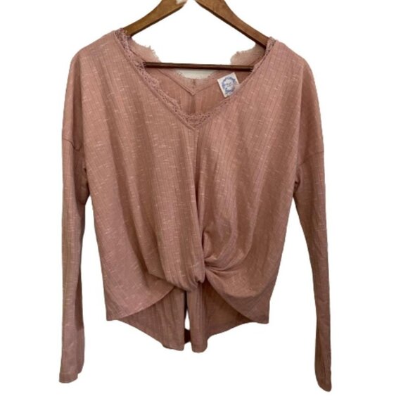 Francescas Women's NWT Blue Rain Pink Knot Long Sleeve Ribbed Blouse Size XS - Picture 1 of 8